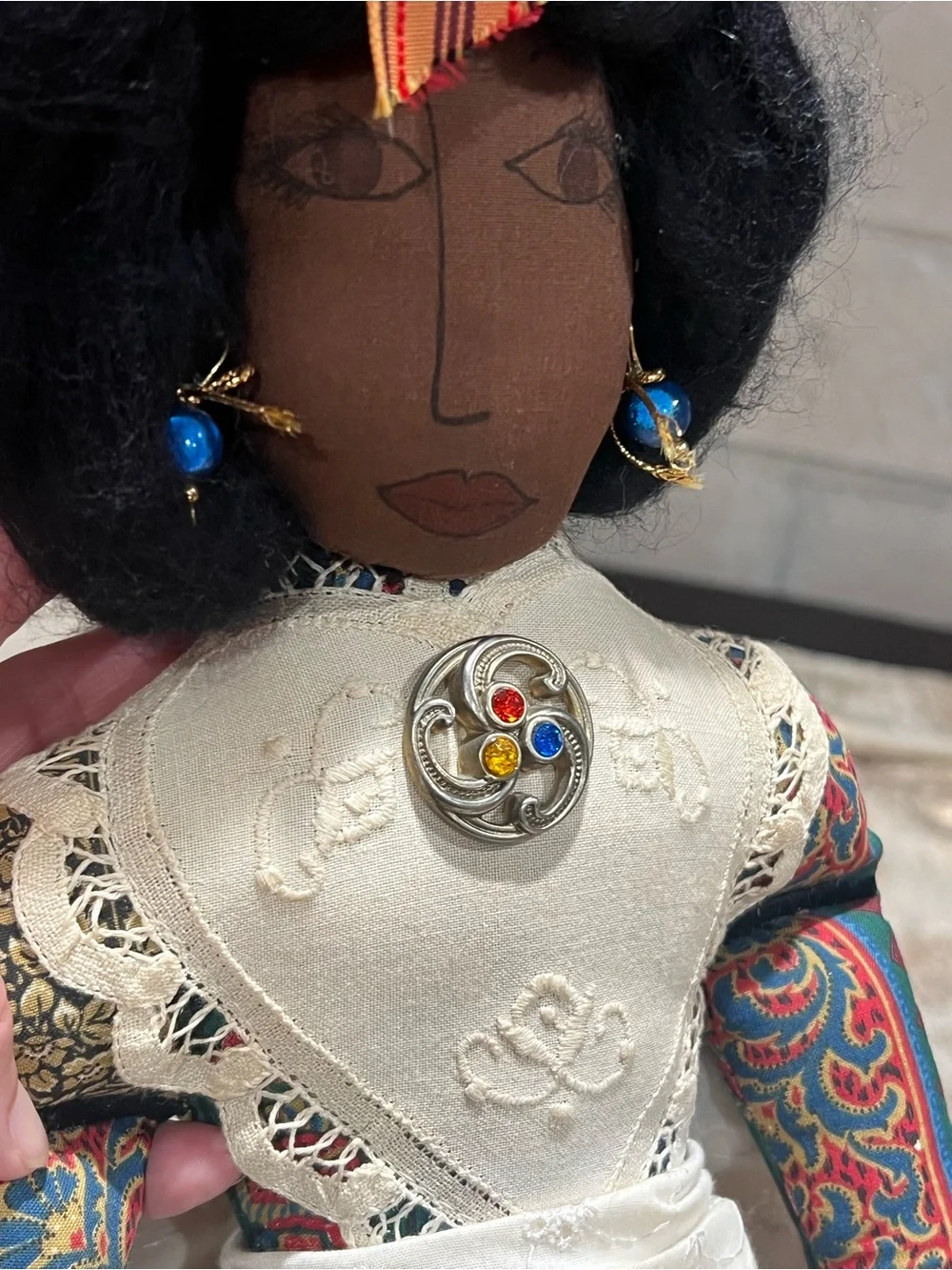 Handmade 22 in Cloth Rag Doll, Dark Girl w/ Black Curly Hair, Victorian